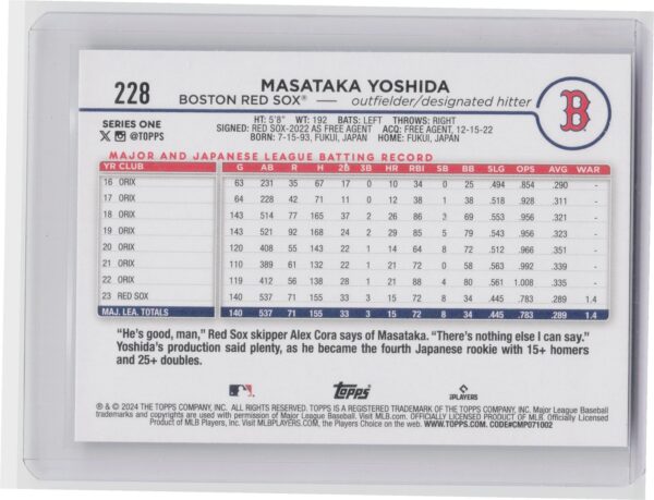 2024 Topps Masataka Yoshida #228 Sox - Image 3