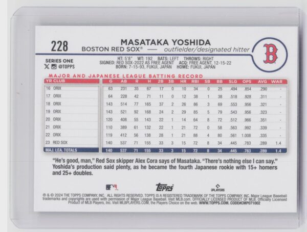 2024 Topps Masataka Yoshida #228 Sox - Image 3