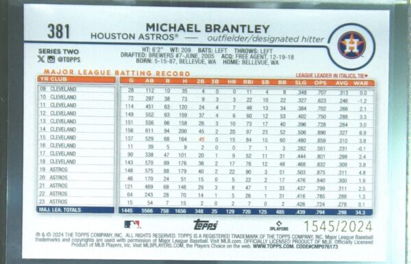 2024 Topps Michael Brantley Gold /2024 #381 Astros - Image 3