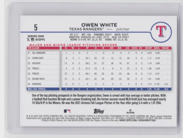 2024 Topps Owen White RC #5 Rangers - Image 3