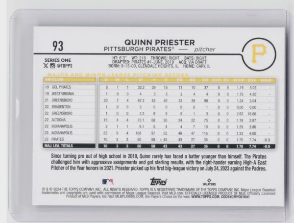 2024 Topps Quinn Priester Rainbow Foil #93 Pirates - Image 3