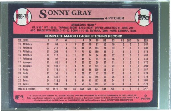 2024 Topps Sonny Gray #89B-75 Twins 1989 Topps Baseball 35th Anniversary Foil - Image 3