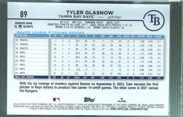 2024 Topps Tyler Glasnow Rainbow Foil #89 Rays - Image 3