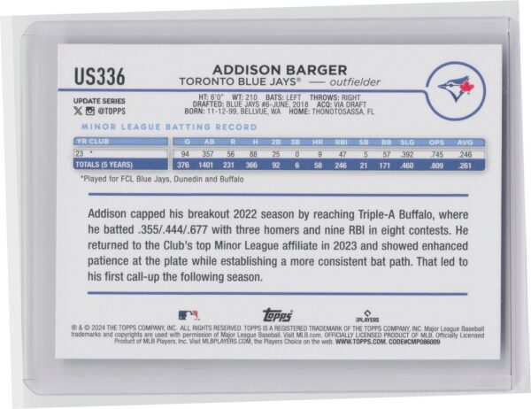 2024 Topps Update Addison Barger RC #US336 Jays - Image 3