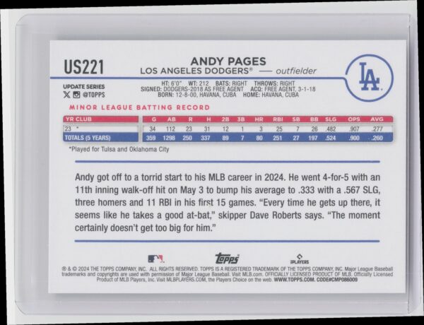 2024 Topps Update Andy Pages RC #US221 Dodgers - Image 3
