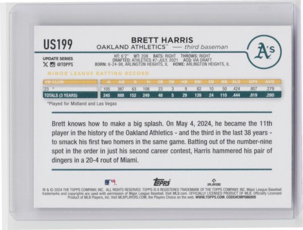 2024 Topps Update Brett Harris RC #US199 Athletics - Image 3