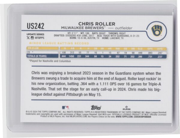 2024 Topps Update Chris Roller RC #US242 Brewers - Image 3