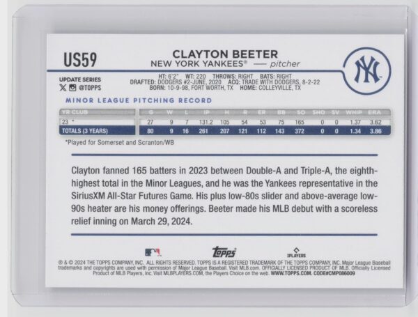 2024 Topps Update Clayton Beeter RC #US59 Yankees - Image 3