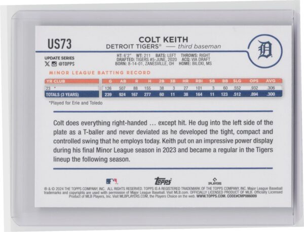 2024 Topps Update Colt Keith RC #US73 Tigers - Image 3