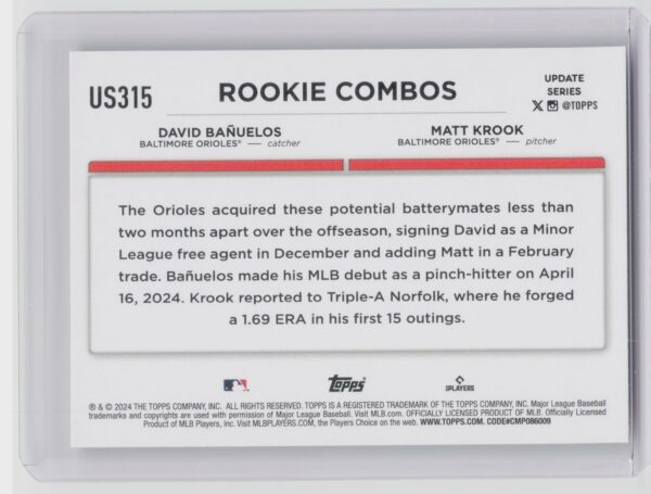 2024 Topps Update David Bañuelos  / Matt Krook RC #US315 Orioles - Image 3
