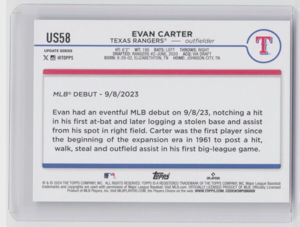 2024 Topps Update Evan Carter RC #US58 Rangers - Image 3
