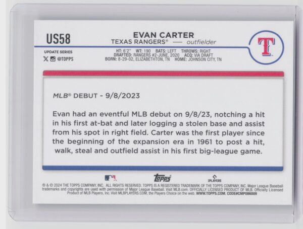 2024 Topps Update Evan Carter RC #US58 Rangers - Image 3