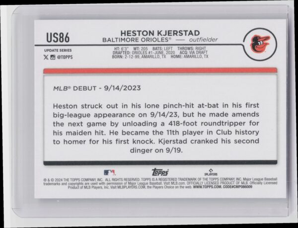 2024 Topps Update Heston Kjerstad RC #US86 Orioles - Image 3