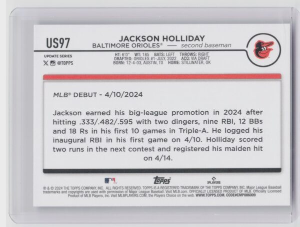2024 Topps Update Jackson Holliday RC #US97 Orioles - Image 3