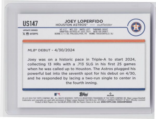 2024 Topps Update Joey Loperfido #US147 Astros - Image 3