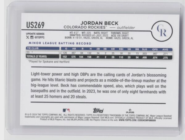 2024 Topps Update Jordan Beck RC #US269 Rockies - Image 3