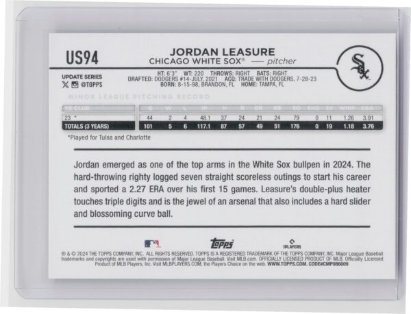 2024 Topps Update Jordan Leasure RC #US94 Sox - Image 3