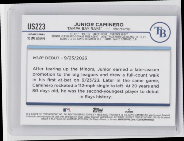 2024 Topps Update Junior Caminero RC #US223 Rays - Image 3