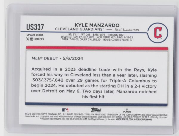 2024 Topps Update Kyle Manzardo #US337 Guardians - Image 3
