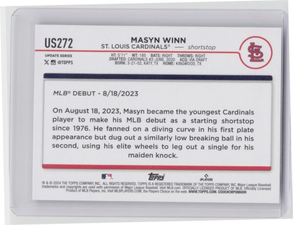 2024 Topps Update Masyn Winn #US272 Cardinals - Image 3