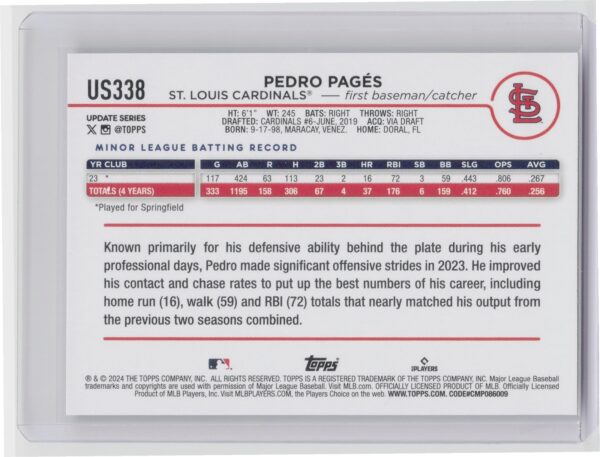 2024 Topps Update Pedro Pages RC #US338 Cardinals - Image 3
