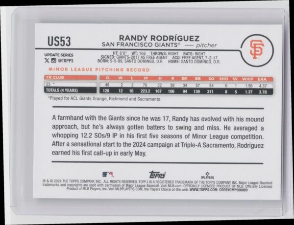2024 Topps Update Randy Rodriguez RC #US53 Giants - Image 3