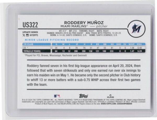 2024 Topps Update Roddery Munoz RC #US322 Marlins - Image 3