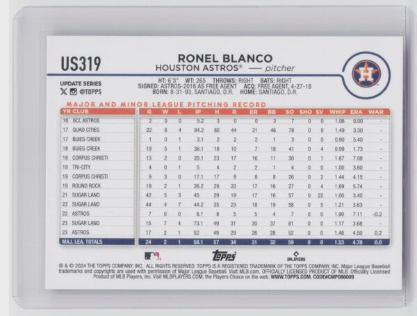 2024 Topps Update Ronel Blanco RC #US319 Astros - Image 3