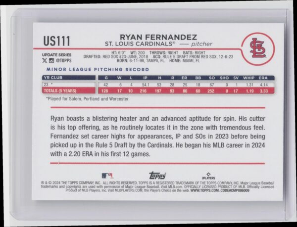 2024 Topps Update Ryan Fernandez RC #US111 Cardinals - Image 3