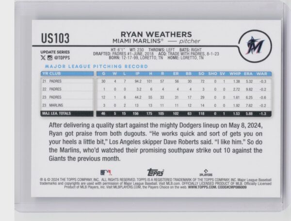 2024 Topps Update Ryan Weathers #US103 Marlins - Image 3