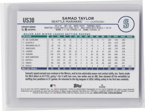 2024 Topps Update Samad Taylor RC #US30 Mariners - Image 3