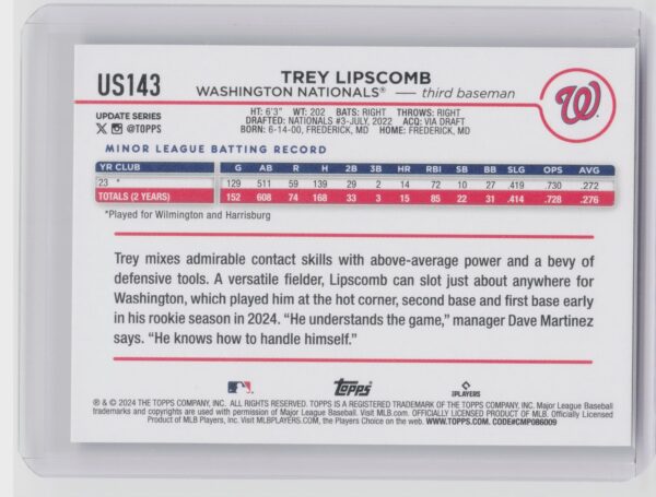 2024 Topps Update Trey Lipscomb RC #US143 Nationals - Image 3
