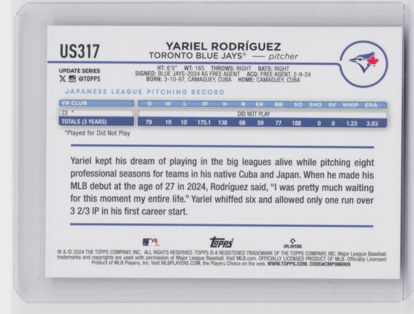 2024 Topps Update Yariel Rodriguez Royal Blue #US317 Jays - Image 3