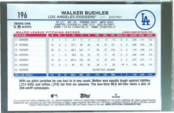 2024 Topps Walker Buehler All Star Game #196 Dodgers - Image 3