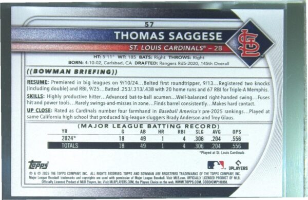 2025 Bowman Thomas Saggese RC #57 Cardinals - Image 3
