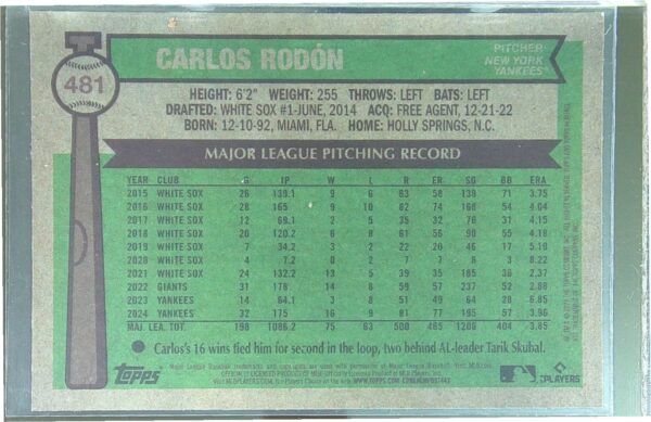 2025 Heritage Carlos Rodon Chrome Pink Sparkle Refractor #481 Yankees - Image 3