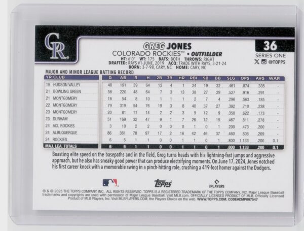 2025 Prizm Greg Jones RC #36 Rockies - Image 3