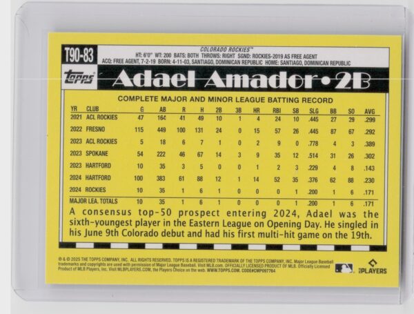 2025 Topps Adael Amador #T90-83 Rockies 1990 Topps Baseball 35th Anniversary - Image 3