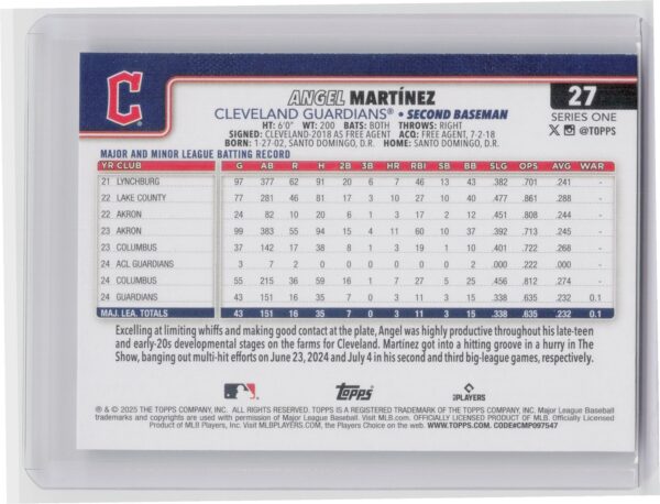 2025 Topps Angel Martinez RC #27 Guardians - Image 3