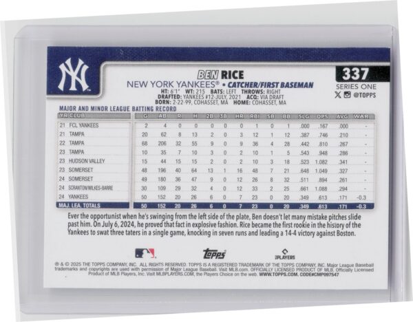 2025 Topps Ben Rice RC #337 Yankees - Image 3