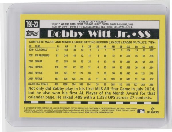 2025 Topps Bobby Witt Jr. #T90-23 Royals 1990 Topps Baseball 35th Anniversary - Image 3
