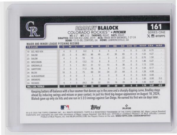 2025 Topps Bradley Blalock RC #161 Rockies - Image 3