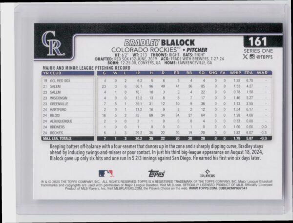 2025 Topps Bradley Blalock RC #161 Rockies - Image 3
