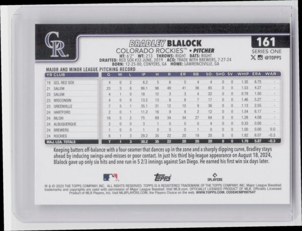 2025 Topps Bradley Blalock RC #161 Rockies - Image 3