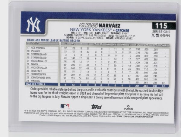 2025 Topps Carlos Narvaez RC RC #115 Yankees - Image 3