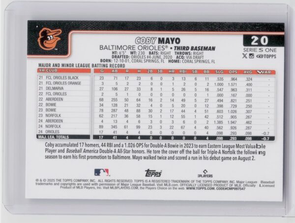 2025 Topps Coby Mayo RC #20 Orioles - Image 3
