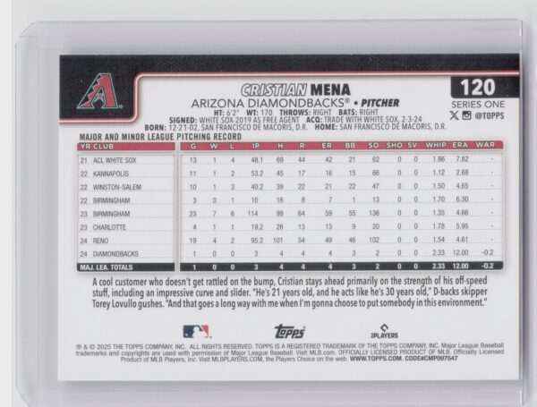 2025 Topps Cristian Mena RC #120 Diamondbacks - Image 3