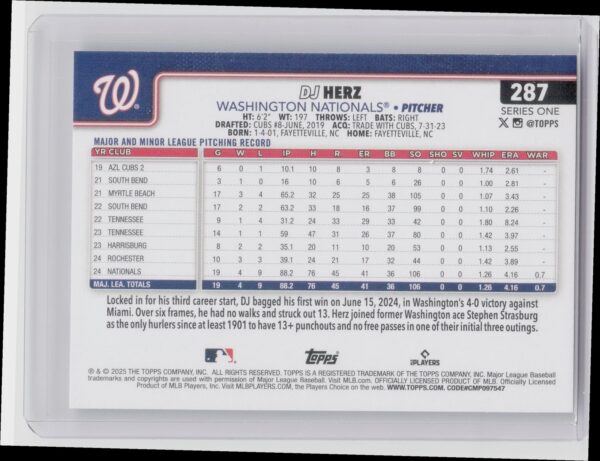 2025 Topps DJ Herz RC #287 Nationals - Image 3
