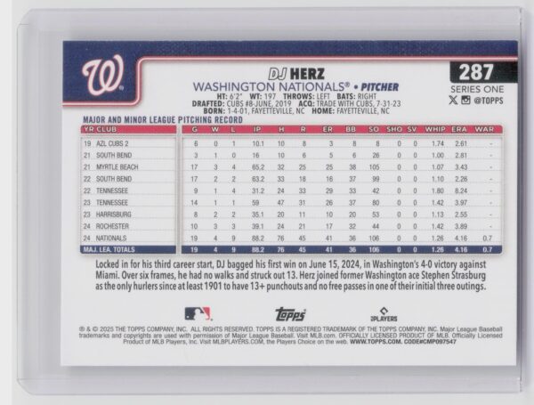 2025 Topps DJ Herz RC #287 Nationals - Image 3