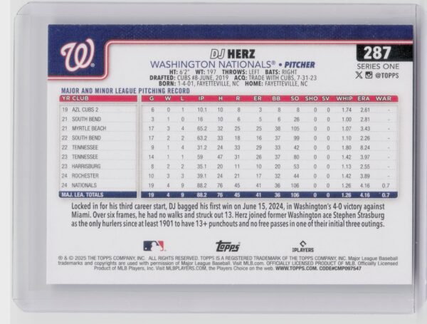 2025 Topps DJ Herz RC #287 Nationals - Image 3